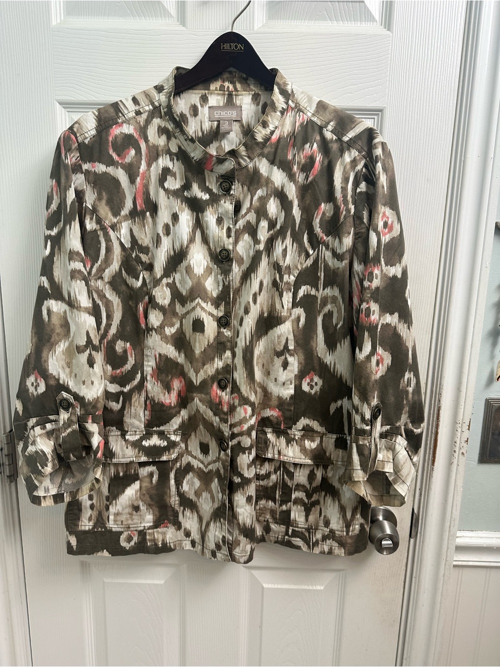 Chico's Olive Ikat Print Button-Front Utility Jacket with Blush Accents